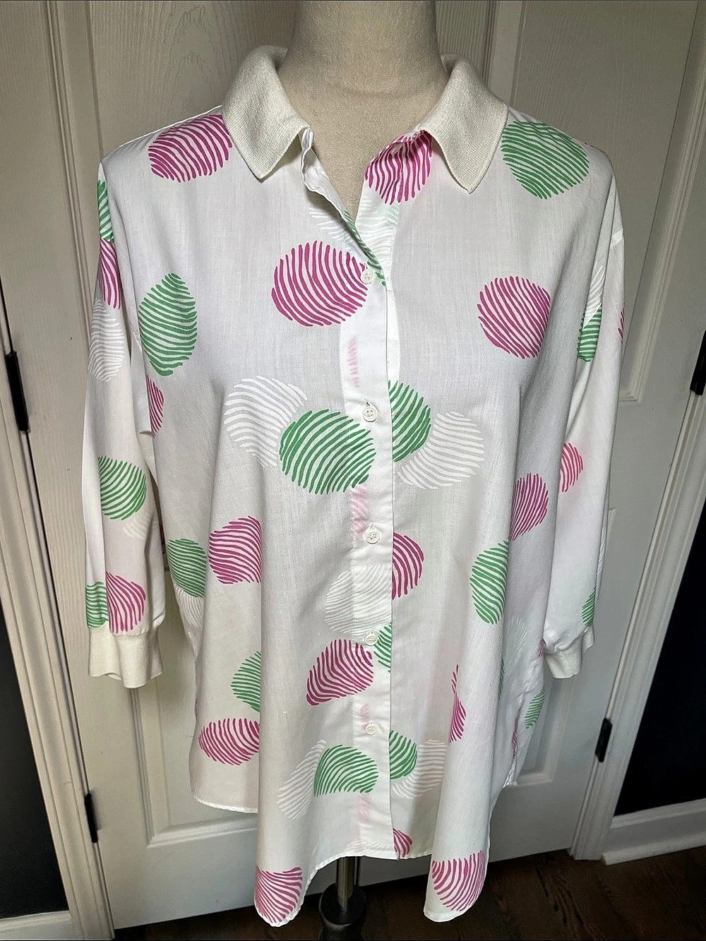Vintage 80s Abstract Polka Dot Blouse Shirt Pink Green Size Large